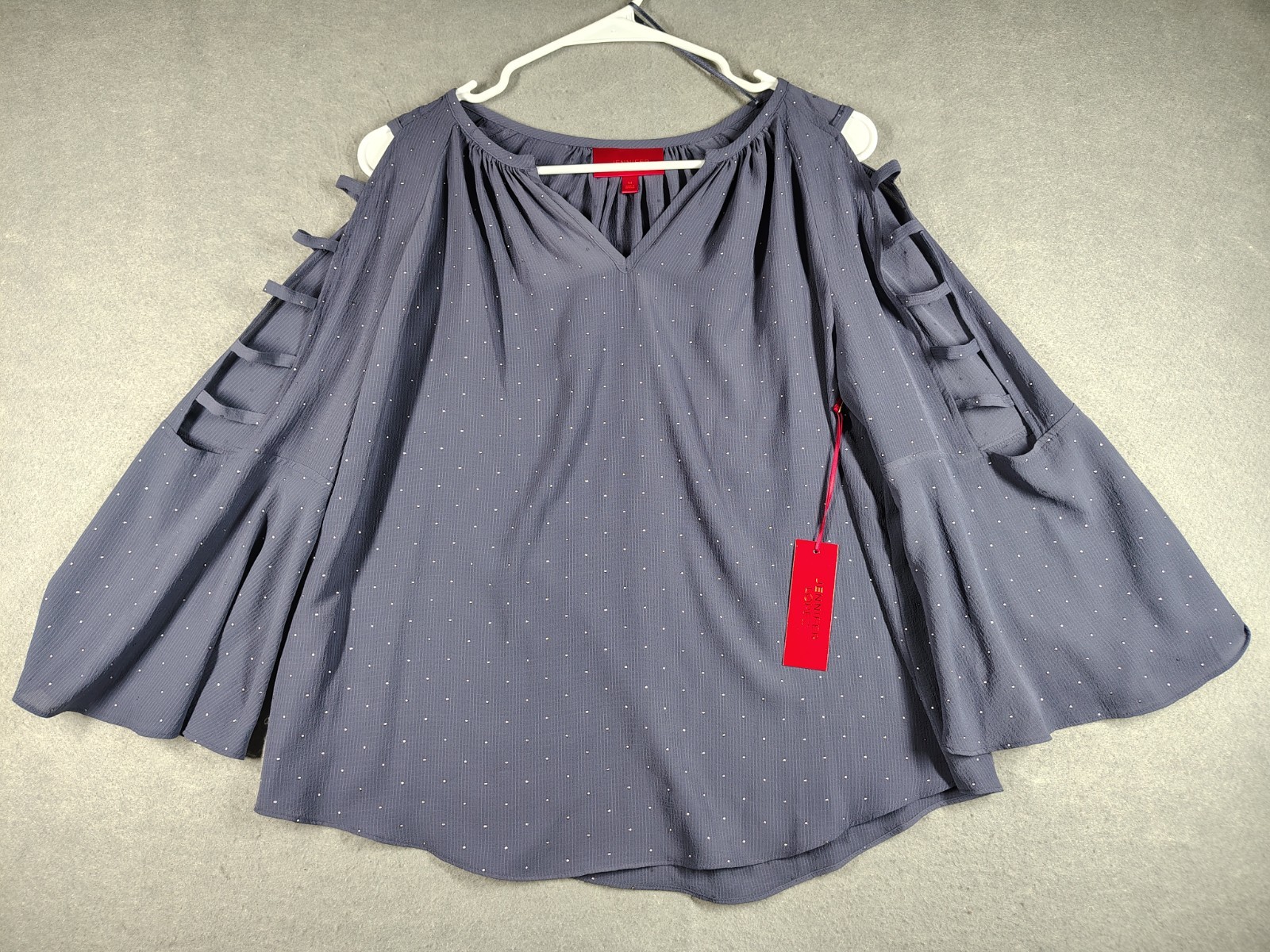 Jennifer Lopez Women’s Medium Cold Shoulder Blouse Navy Blue Studded NWT
