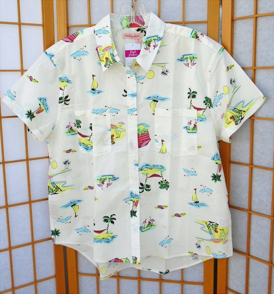 nwt FRESH PRODUCE Medium white Beachy Keen Oxford Camp Shirt cotton/spandex $65.