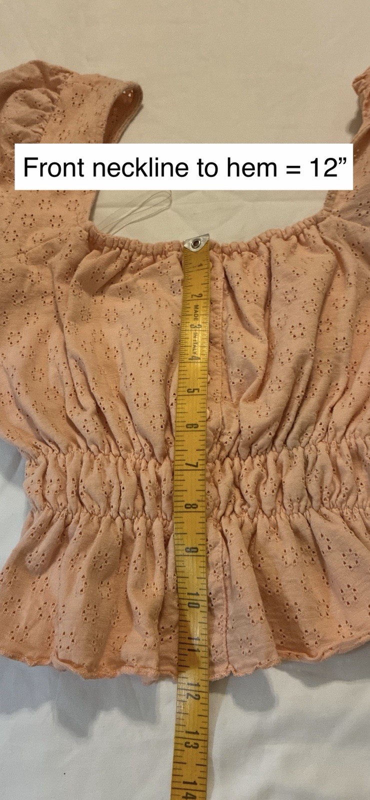 Peach / Coral Smocked Eyelet Puff Short Sleeve Square Neck Crop Cotton Blouse M