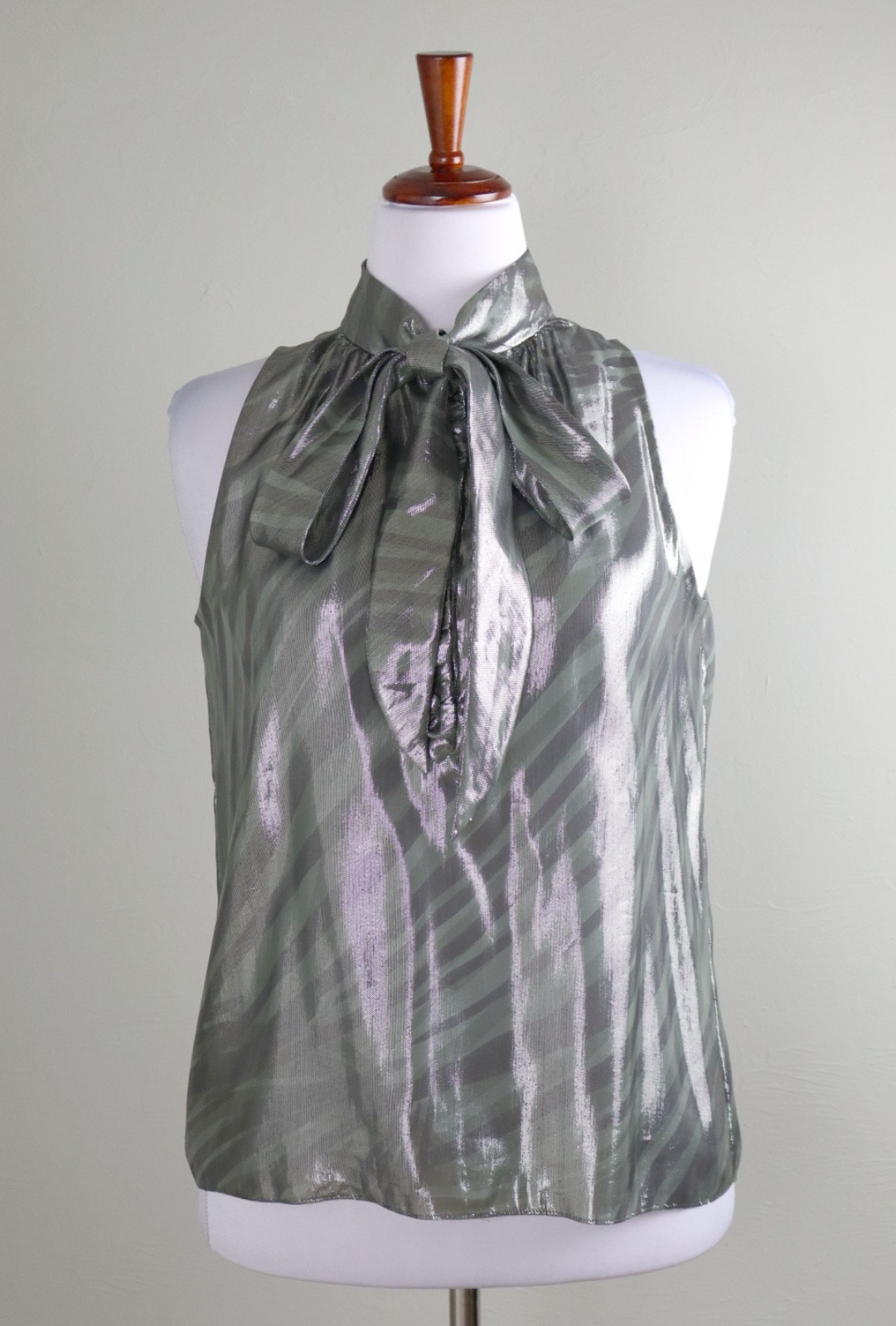 ANTHROPOLOGIE Peter Som Metallic Silver Bow Tie Neck Striped Blouse Top Size 4
