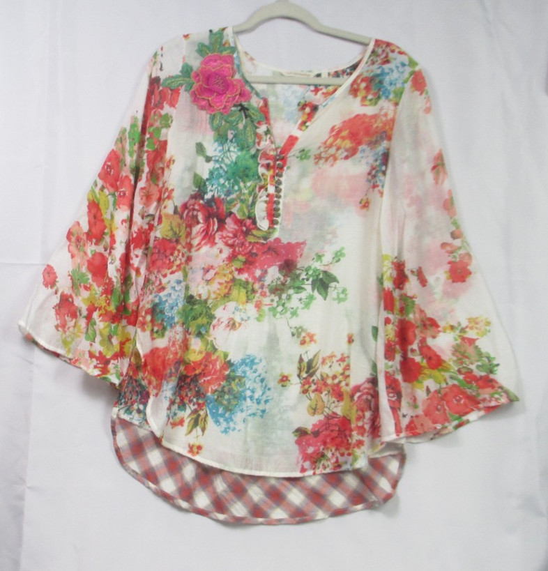 Soft Surroundings Flower District Tunic S Womens Flare Sleeves Applique Flower