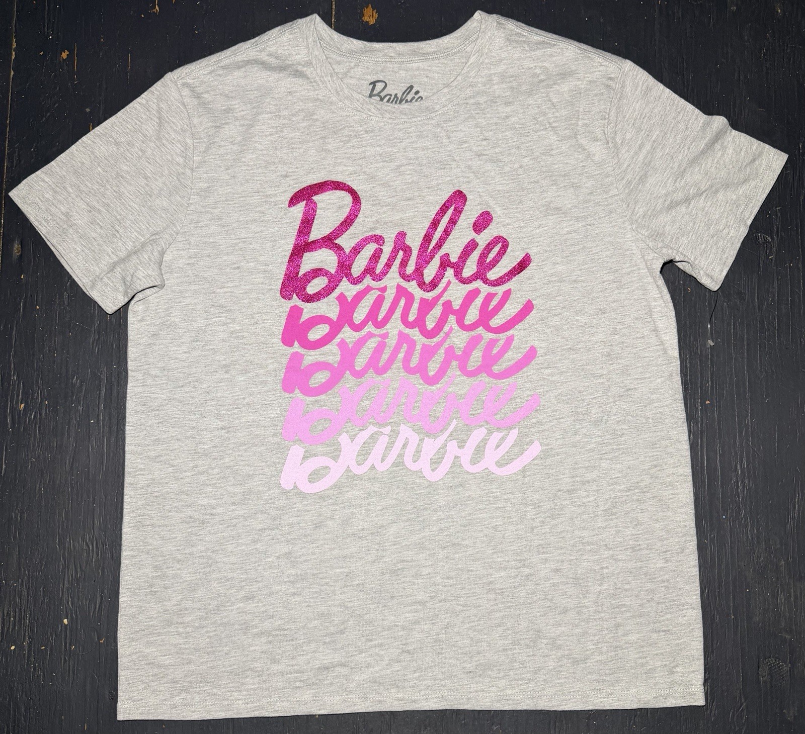 Barbie On Repeat T-Shirt Gray with PINK GLITTER Accents New Size Medium Women’s