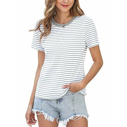 Women Short Sleeve Striped T Shirt Crewneck Tunic Tee Tops Gray White Medium