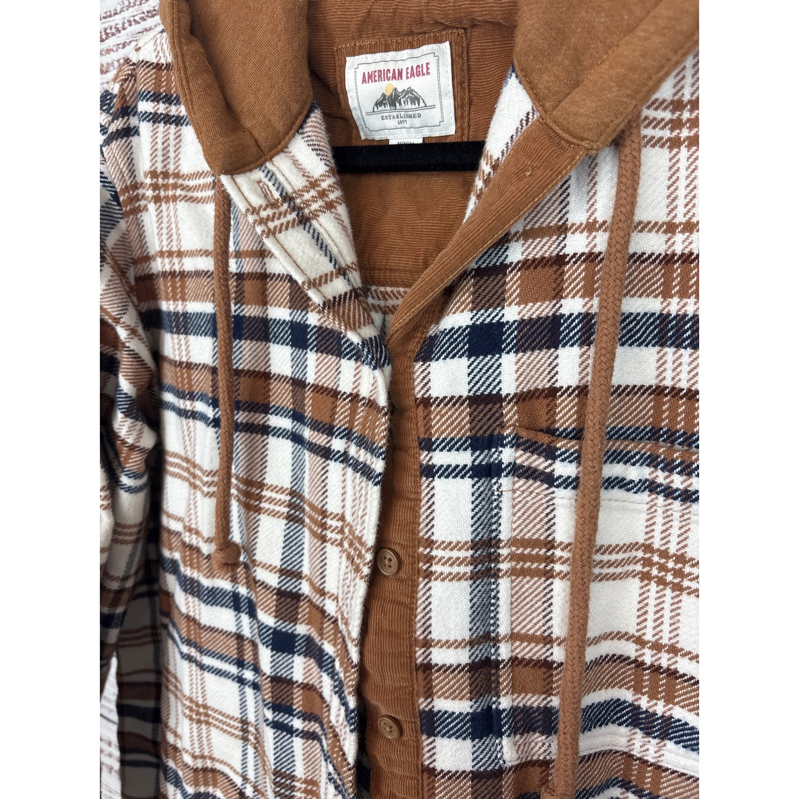 American Eagle Brown Black Plaid Hooded Flannel Button Up Shacket Shirt Womens M