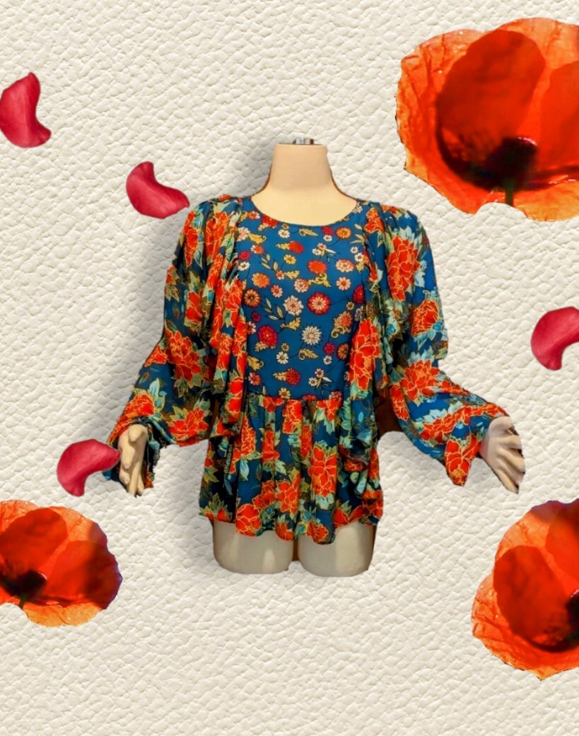New BELLE VERE Colorful Floral Ruffle BOHO Top Shirt Dark Teal Orange Size Small