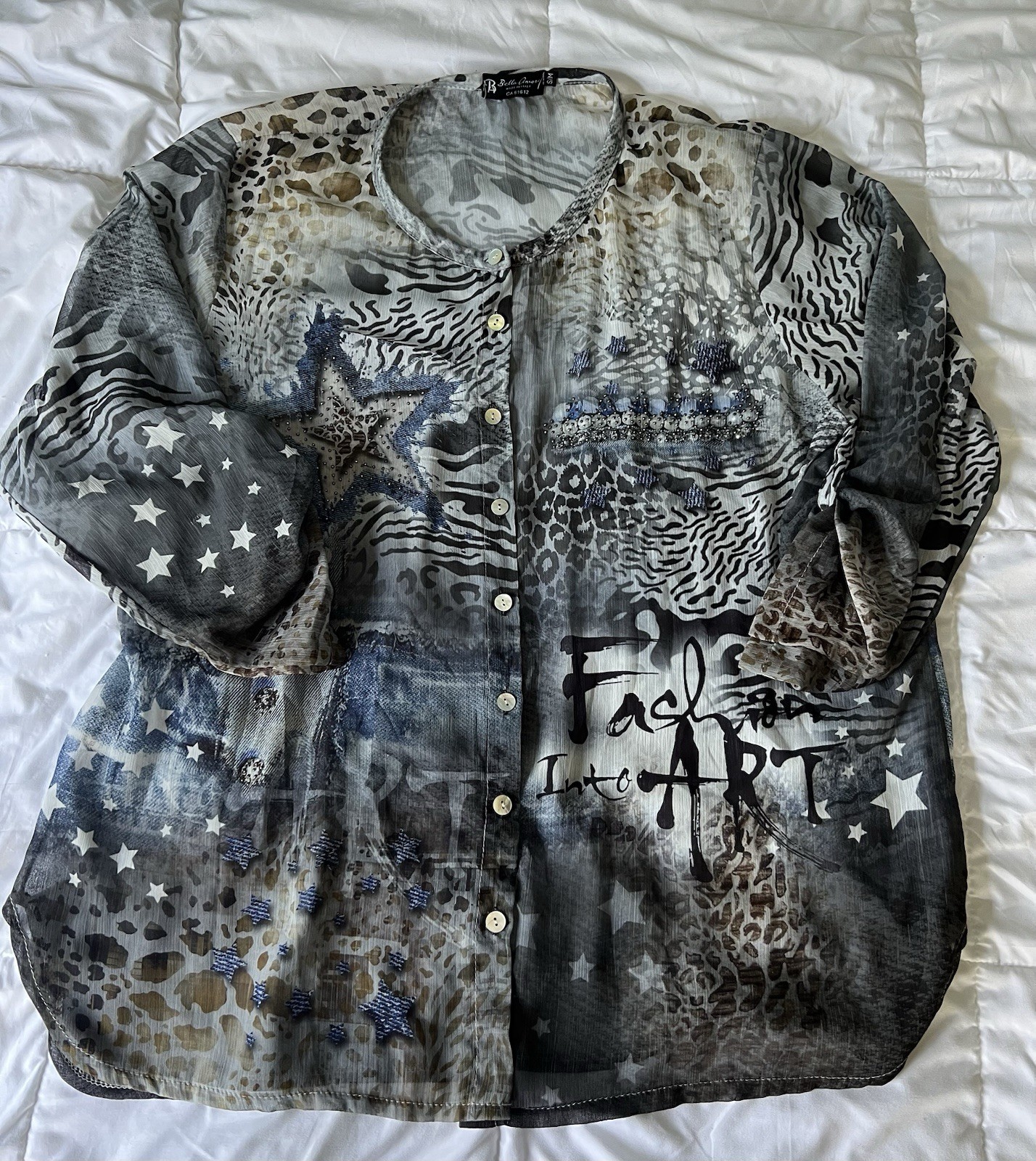 Woman’s Size S/M Bella Amore Fashion Into Art Blouse Sheer 3/4 Sleeve Shirt