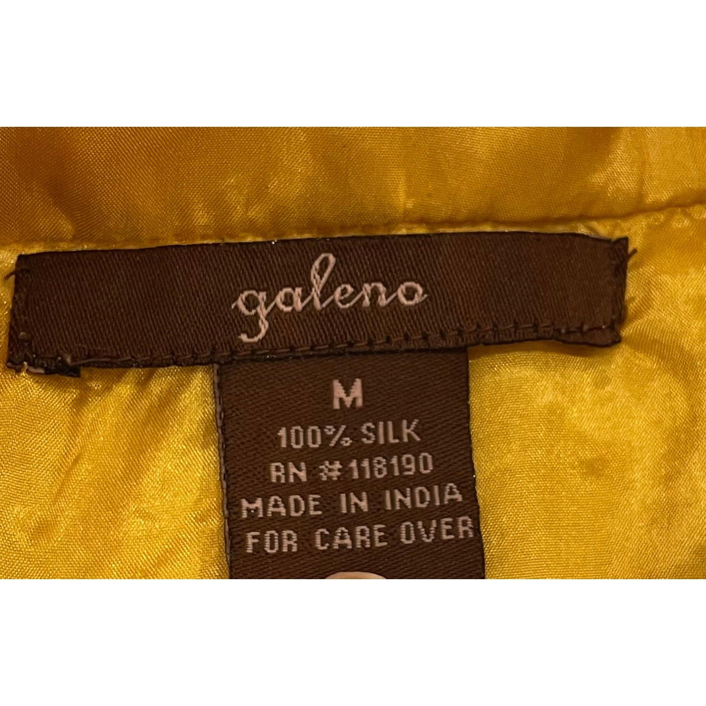 Vintage Galeno Gold Silk Short Sleeve Blouse, Lace, Ruffle, Belt / Tie, Size M