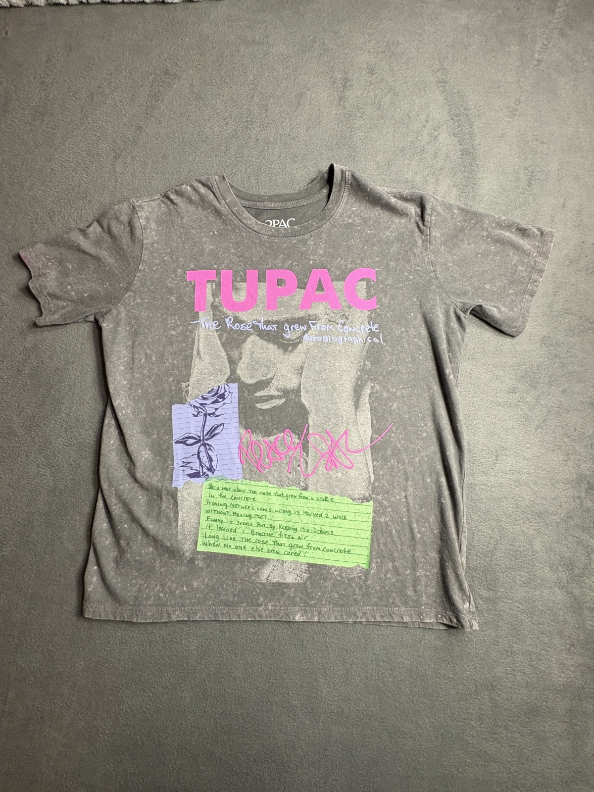 2PAC ACID WASH BLACK TSHIRT WITH LYRICS 100% COTTON WOMENS LARGE
