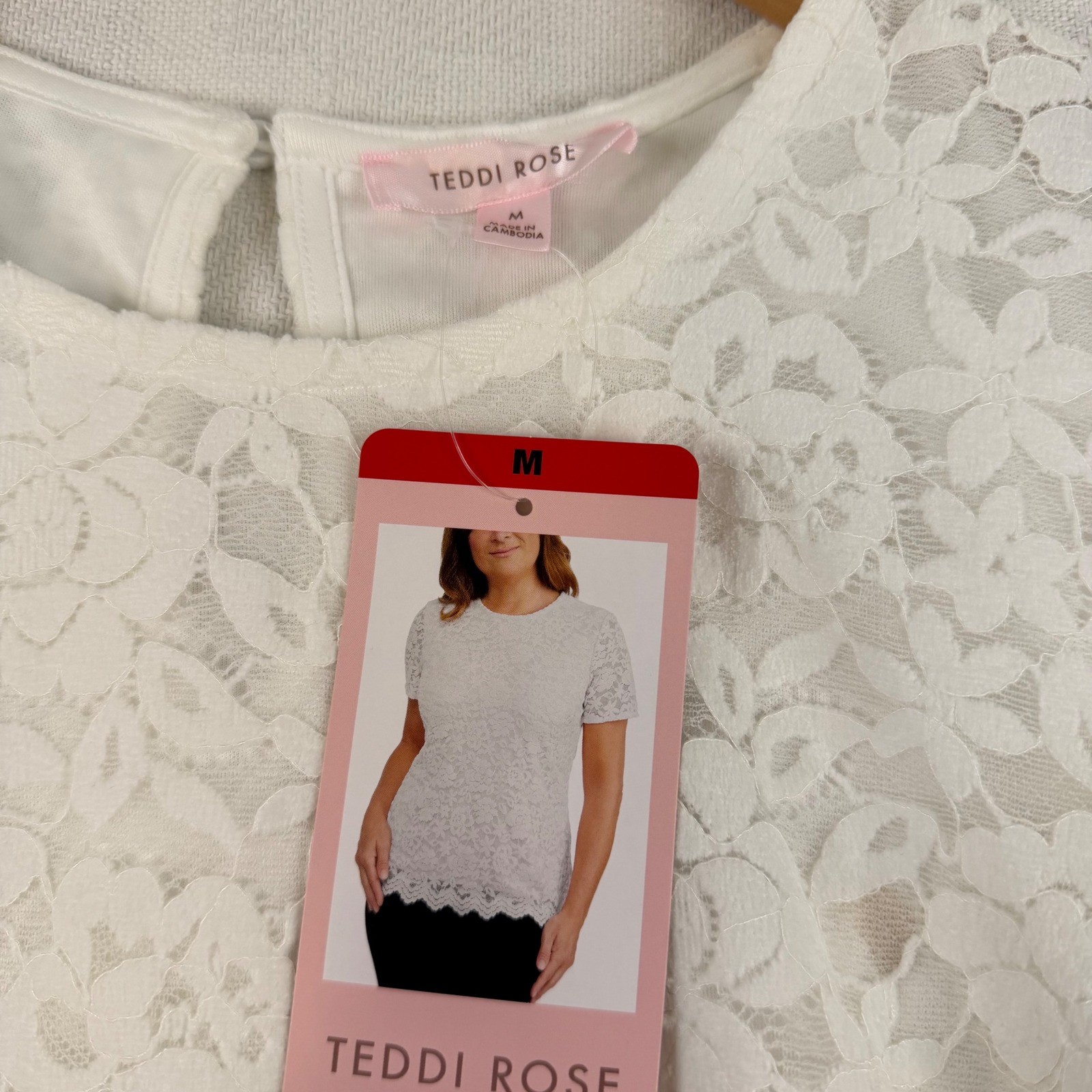 Teddi Rose Women White Floral Lace Short Sleeve Scalloped Hem Blouse Size M NWT