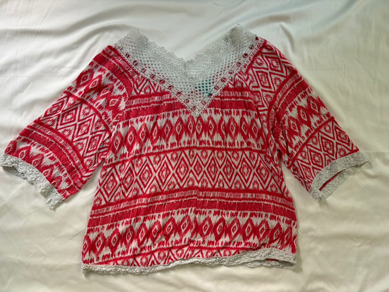 Boho Blouse With Off White Embroidery & Crochet Trim Size 3XL Festival Chic