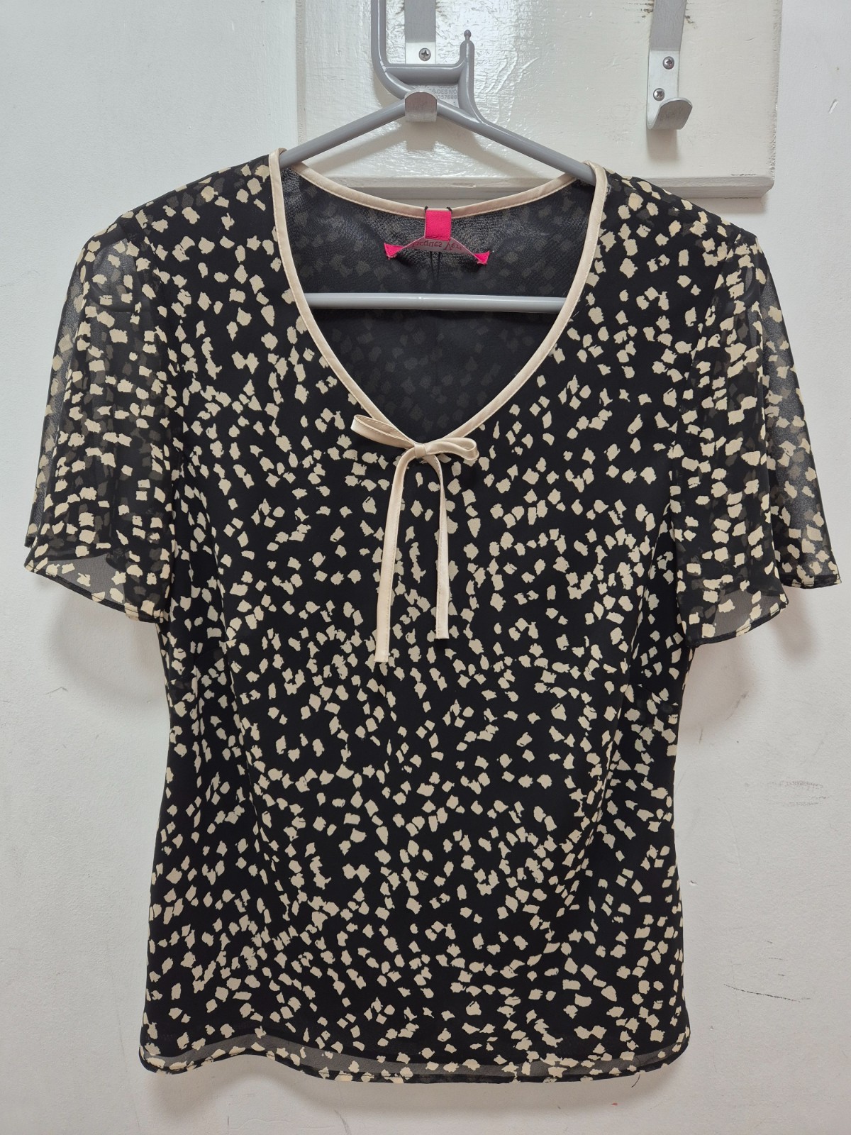 Jacques Vert Top Black and Brown Print Size 10 [HI]