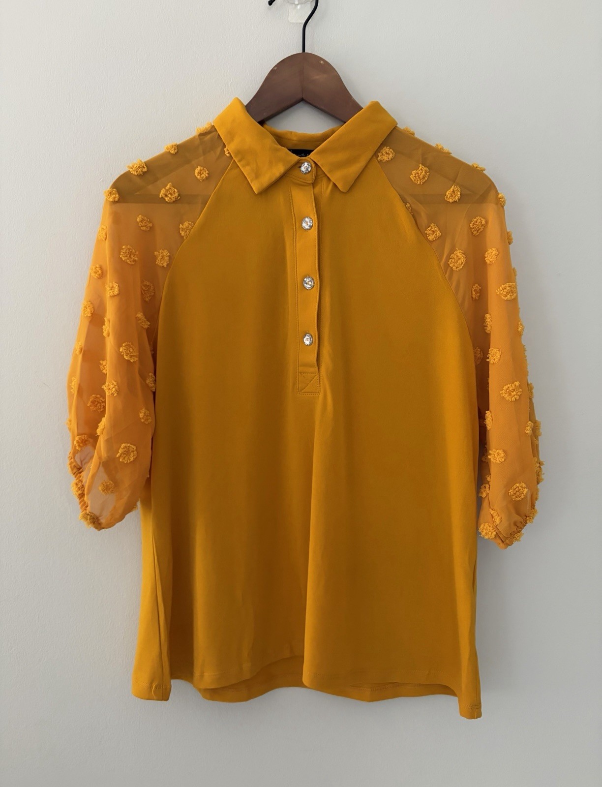 Mustard Golden Yellow Blouse Top size Women’s Large Textured Sheer Sleeves