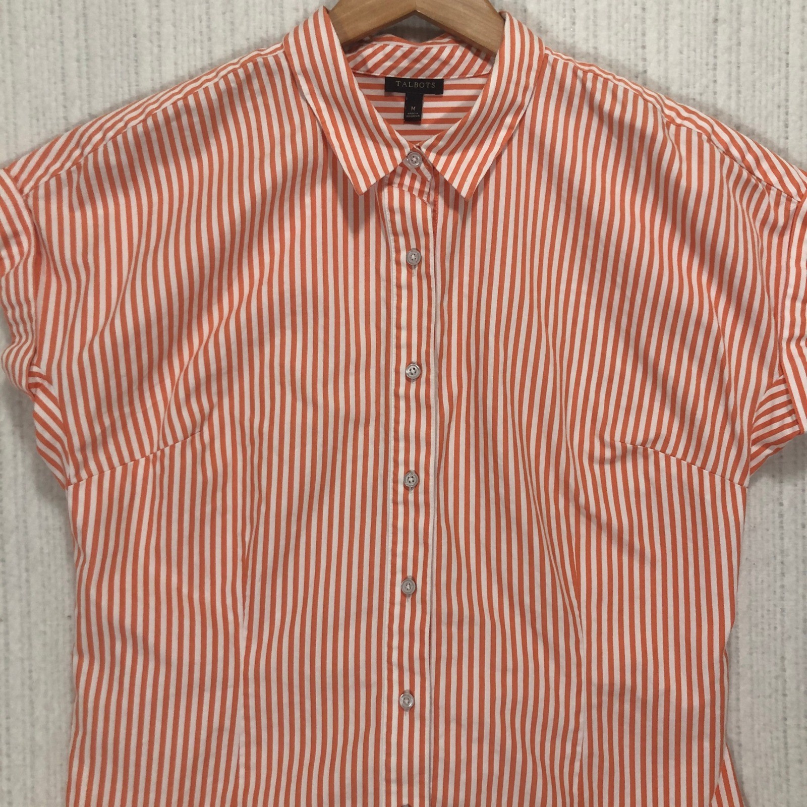 Talbots Womens Orange White Striped Tie Back Button Down Shirt Size M Cap Sleeve