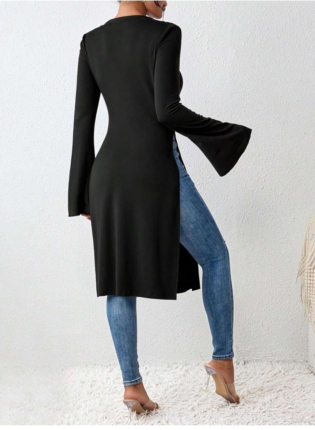 Women’s Black Drawstring Side Style Flounce Long Sleeve Split Thigh Shirt Top L