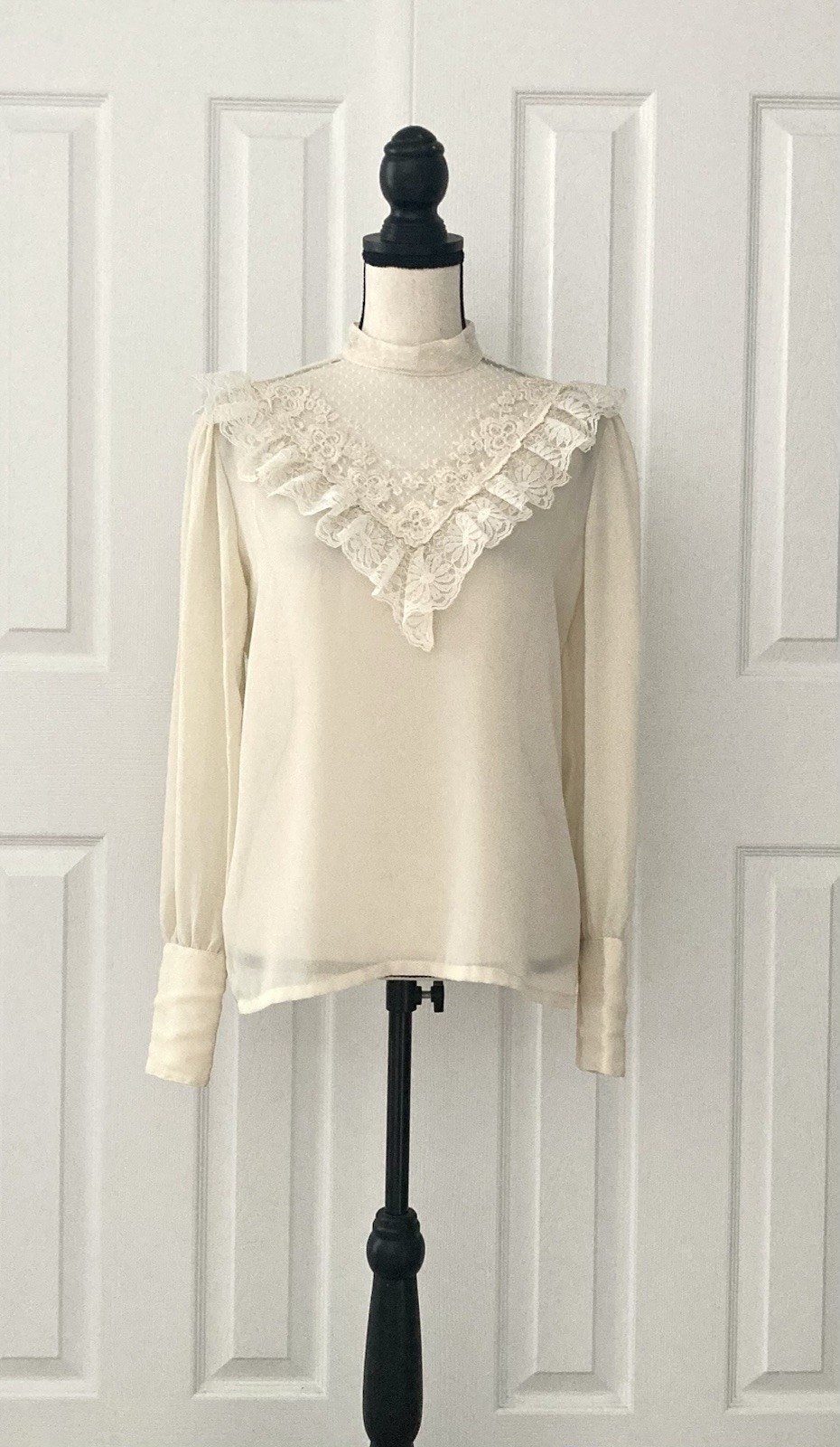 Vtg 80s Ivory Lace Blouse Victorian Revival Prairie Puff Sleeves Size 9/10