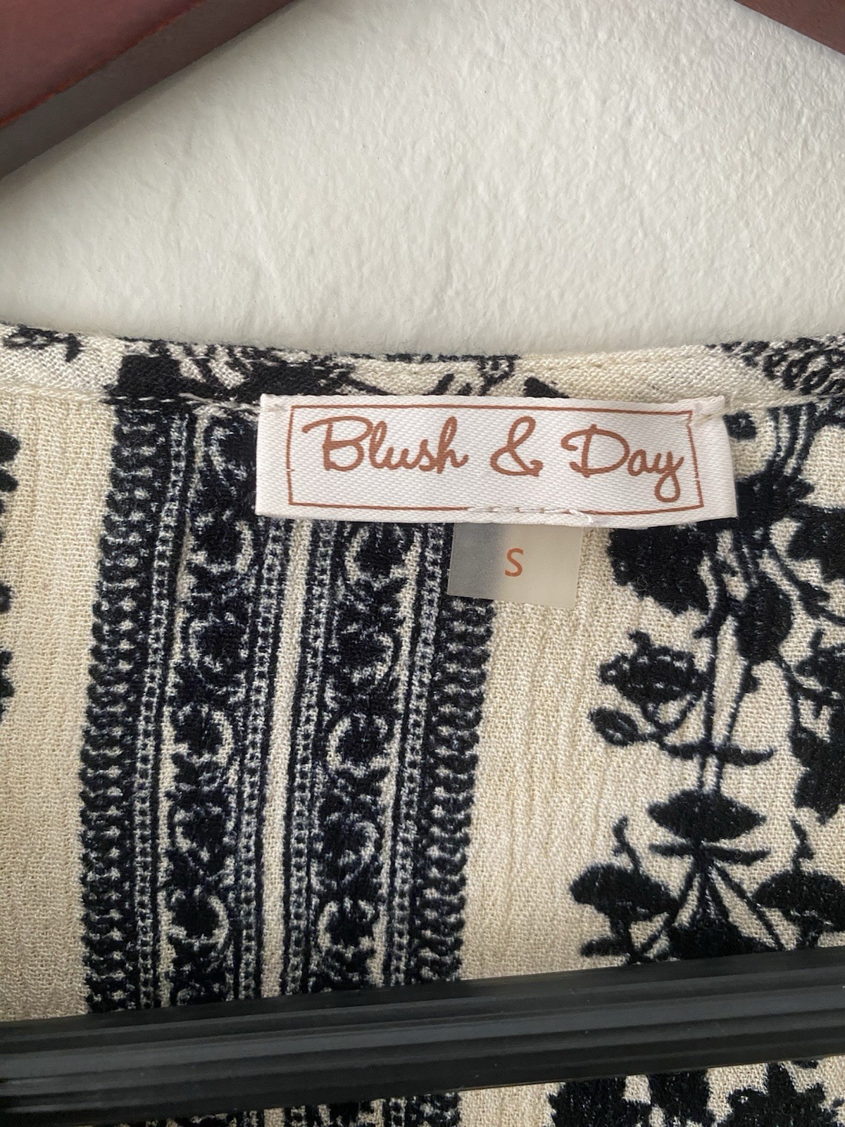 Blush & Day Black and Cream Striped Floral Wrap Blouse Size S