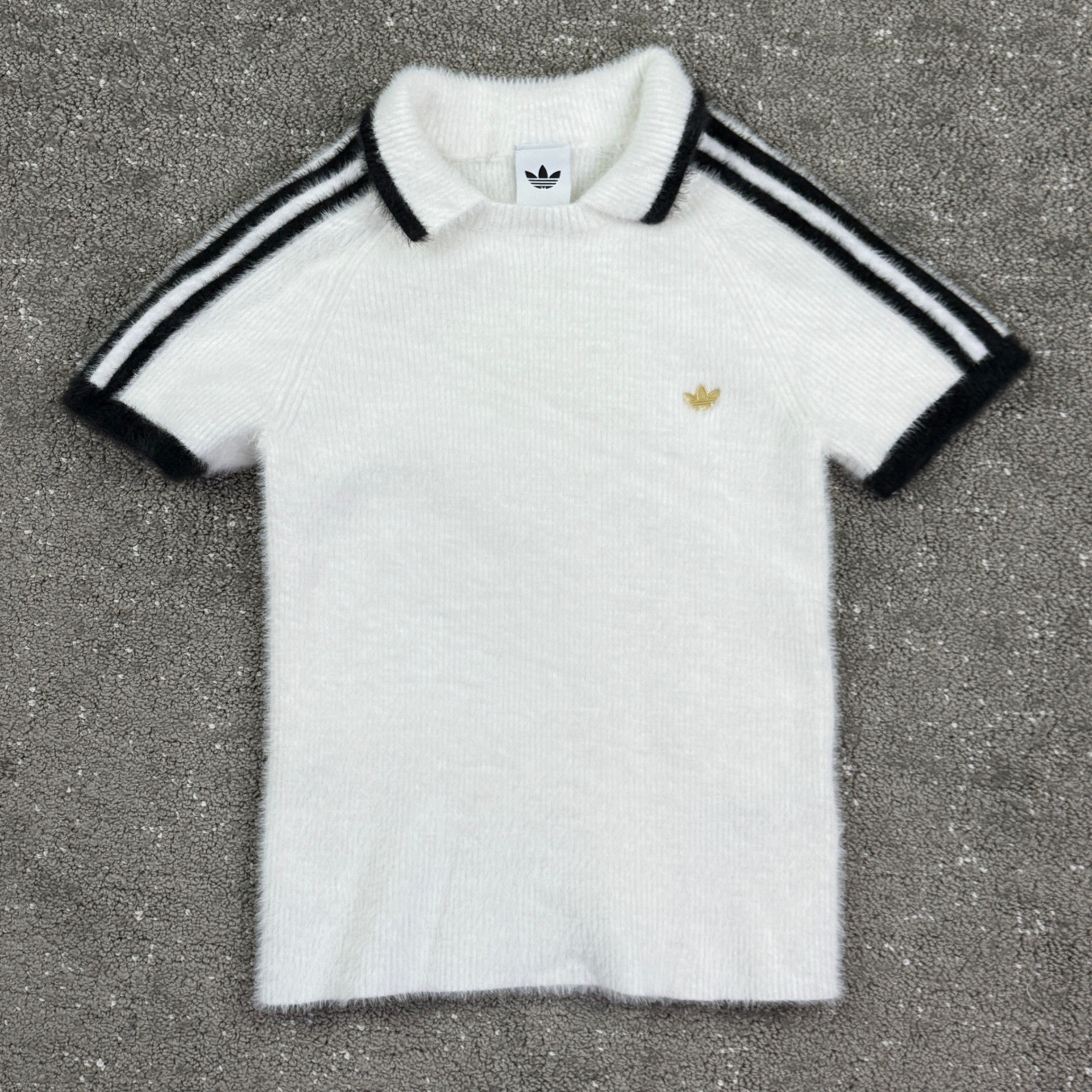 Adidas Polo Shirt Women Medium White Fuzzy Knit 3-Stripe Trefoil KE1301
