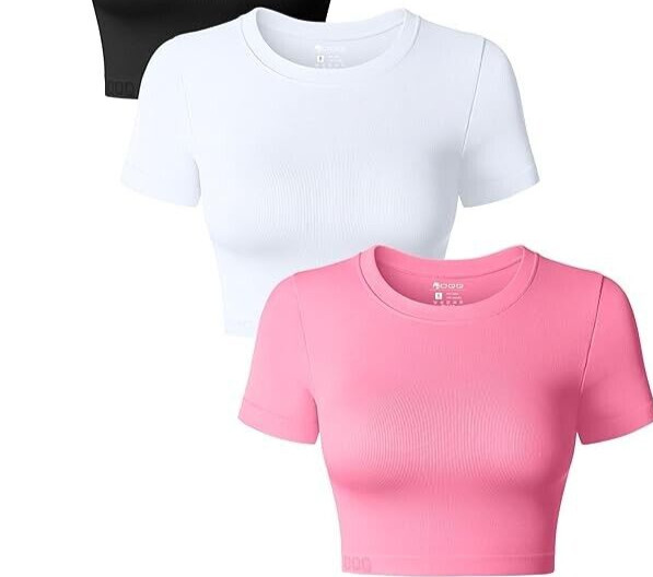 OQQ Women’s 2 Pk Crop Tops Crew Neck Shorts Sleeve Stretch Fitted Shirts Large