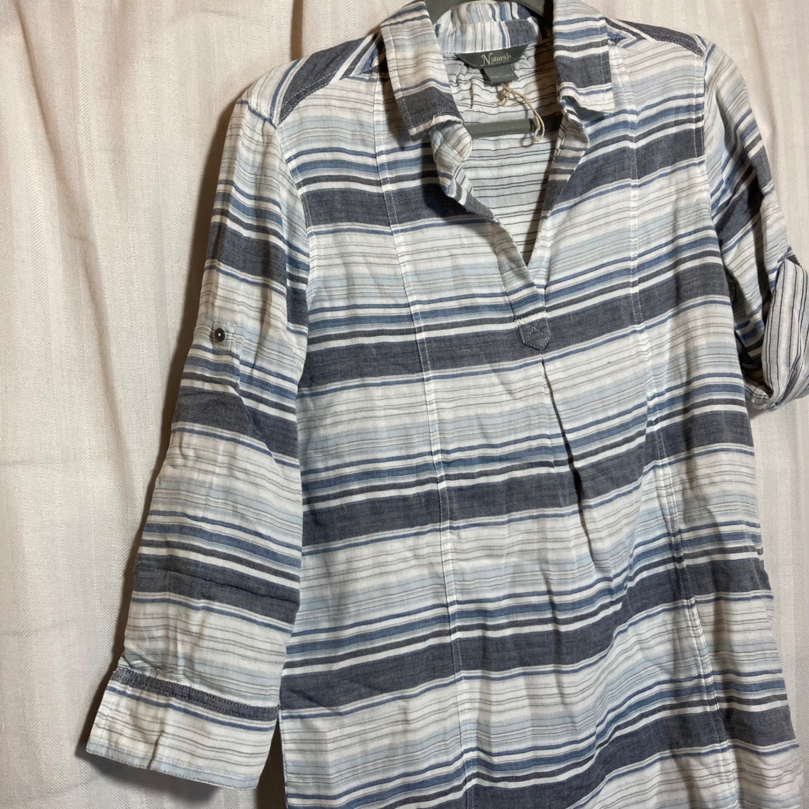 Natural Reflections Striped Cotton Blend Henley Tunic Shirt Womens S Blue White
