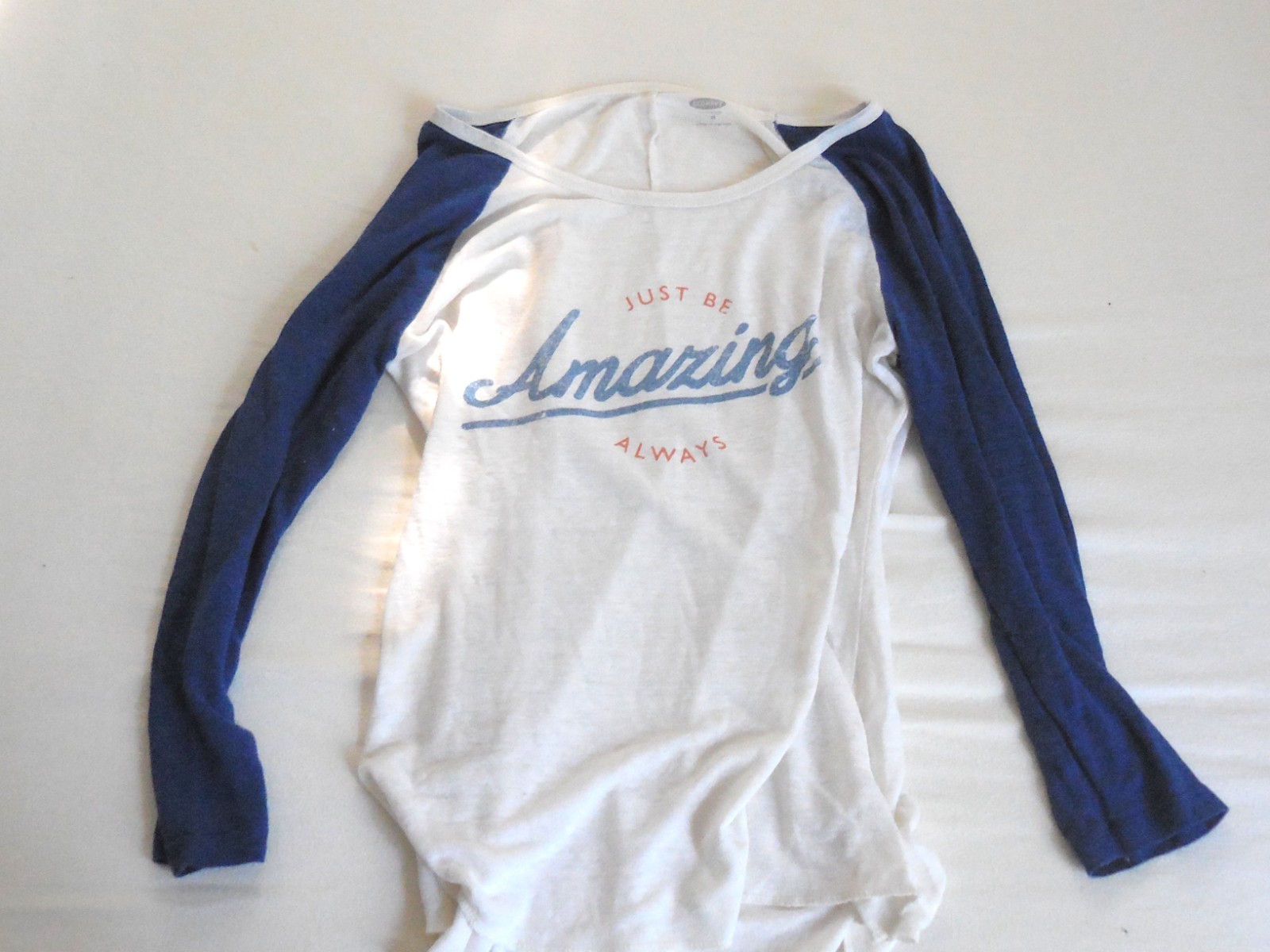 Size M, Ladies Distressed Old Navy Baseball Tee, “Just Be Amazing Always”