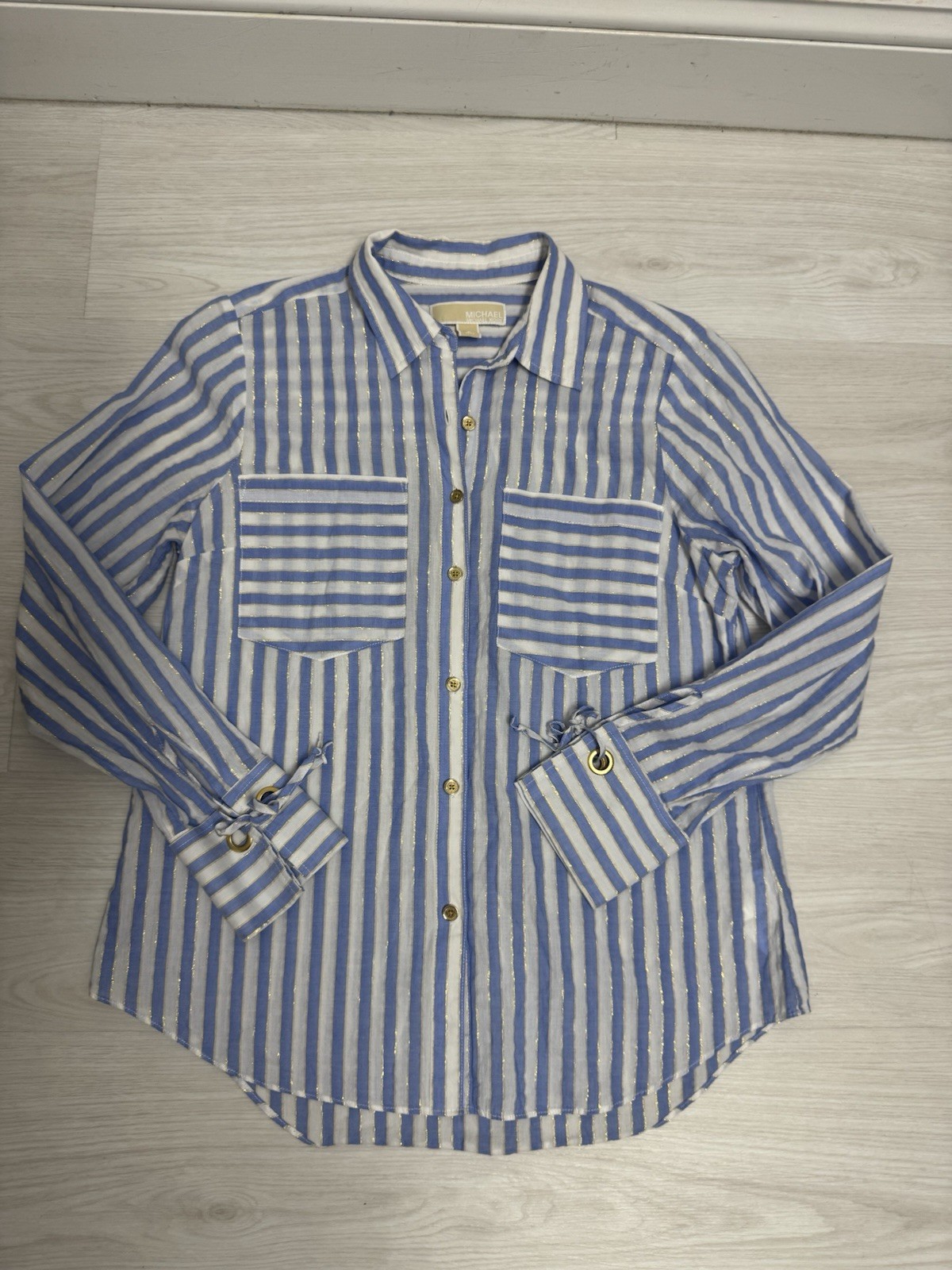 Michael Kors Blue & White Striped Gold Style Long Sleeve Button Up Women’s S