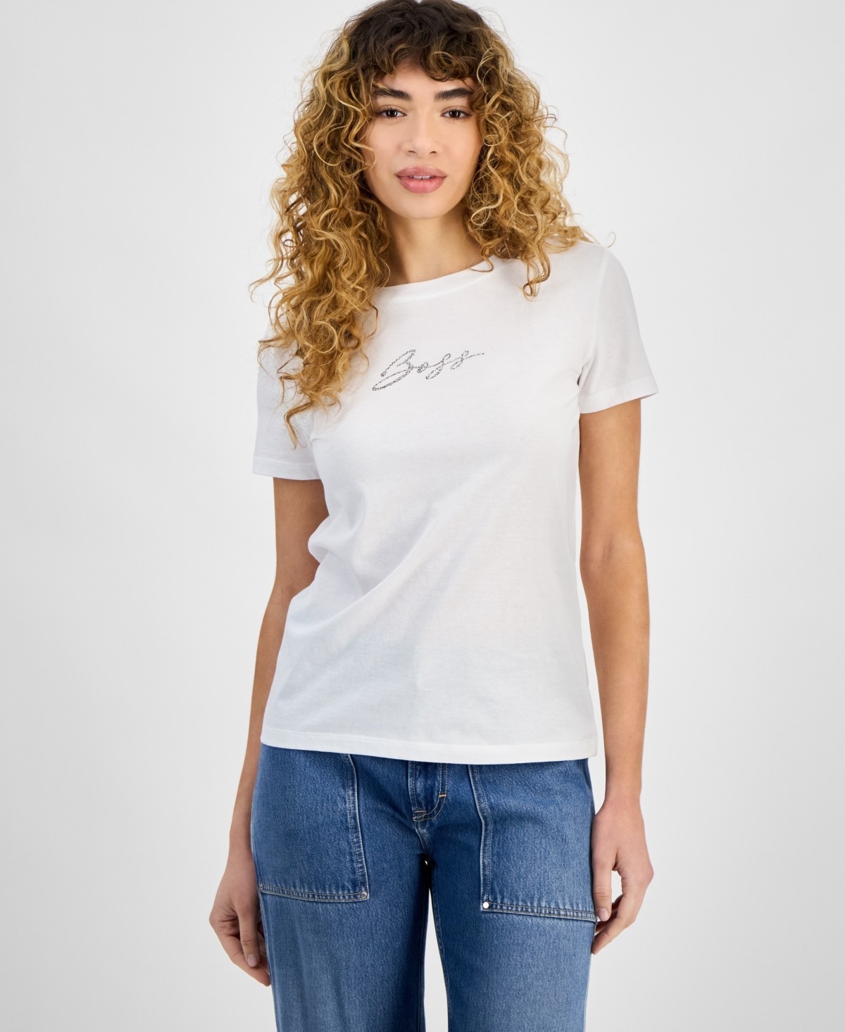 Boss Orange Embellished Logo T-Shirt Women’s S White Crew Neck Short Sleeve