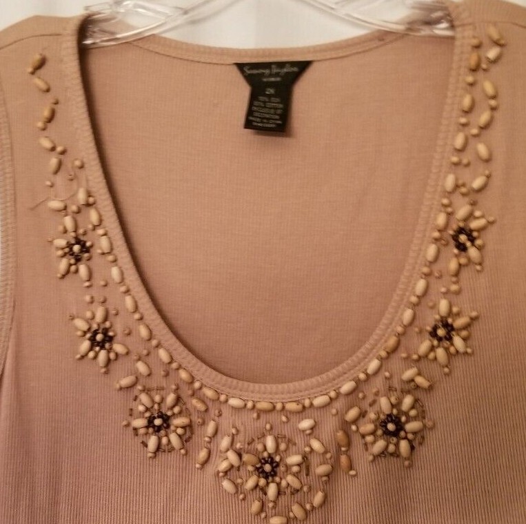 Women’s Top Beaded Rib Knit Silk Blend Beige Sunny Taylor BOHO Size 2X