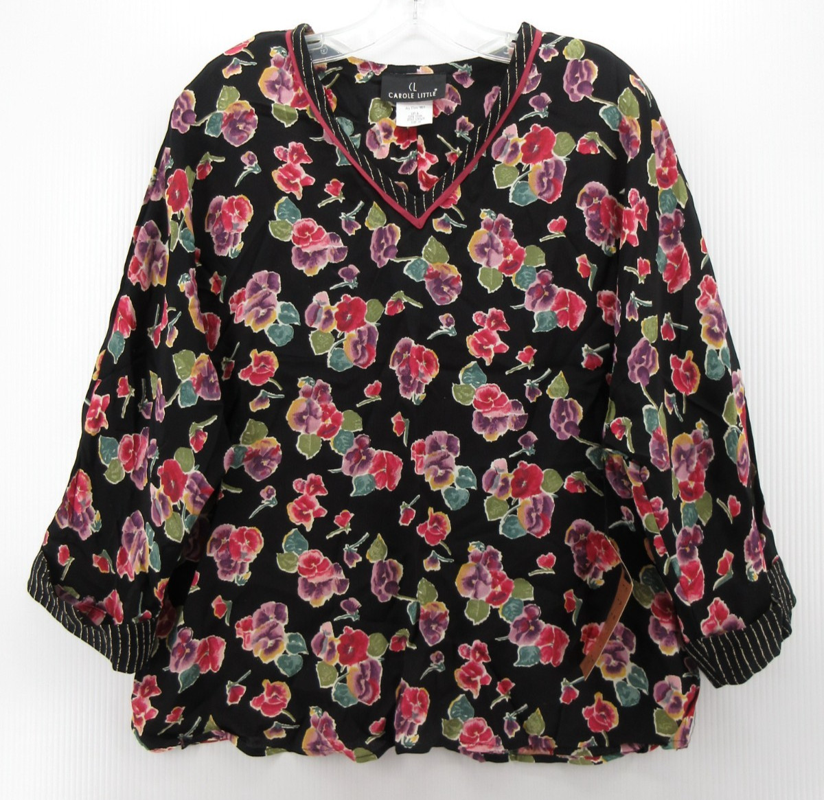 VINTAGE Carole Little Top Women 10 Black Blouse Floral Rayon Crepe 90s USA NEW