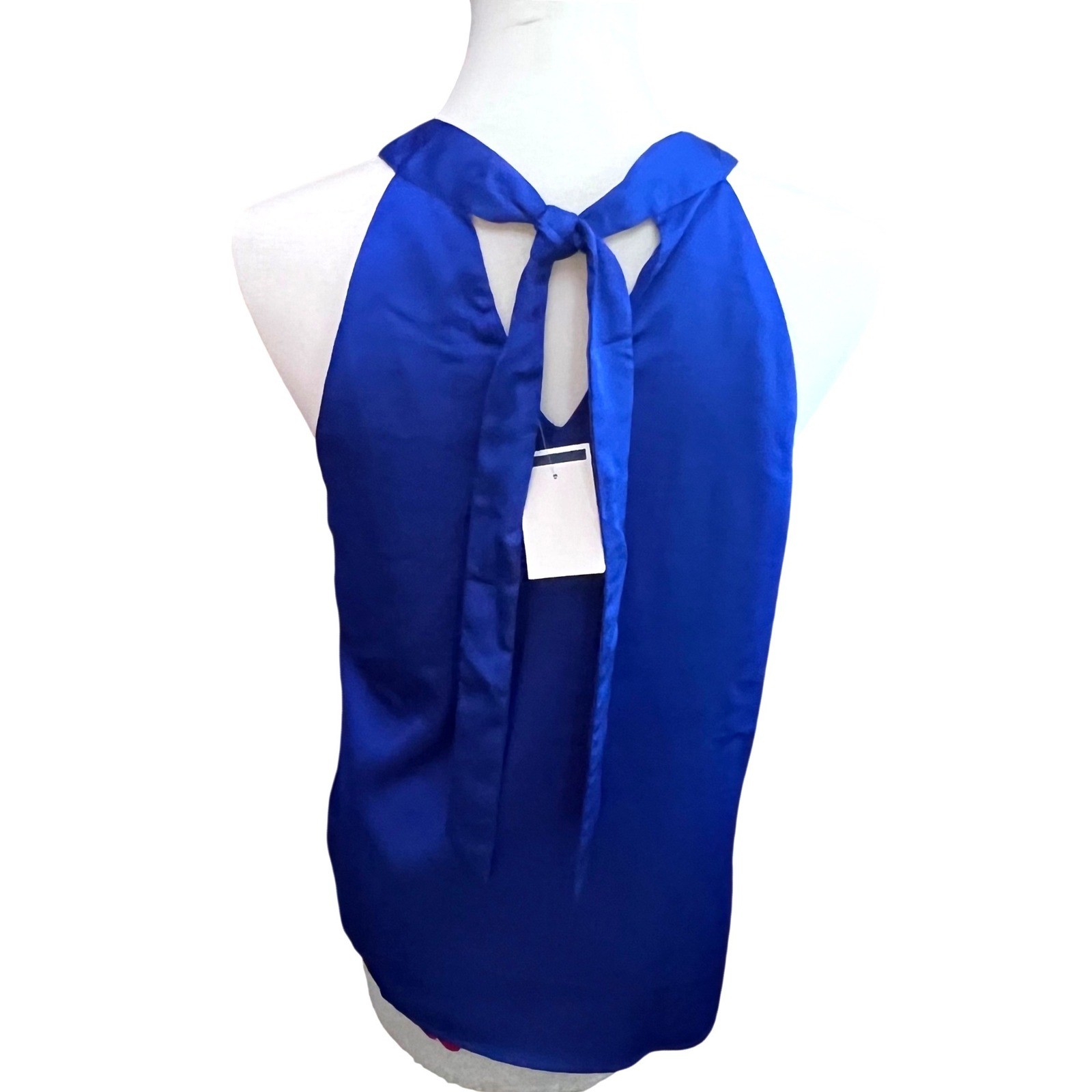 Pleione Womens Royal Blue Satin Halter Twist Neck Tie Back Blouse Night Out L