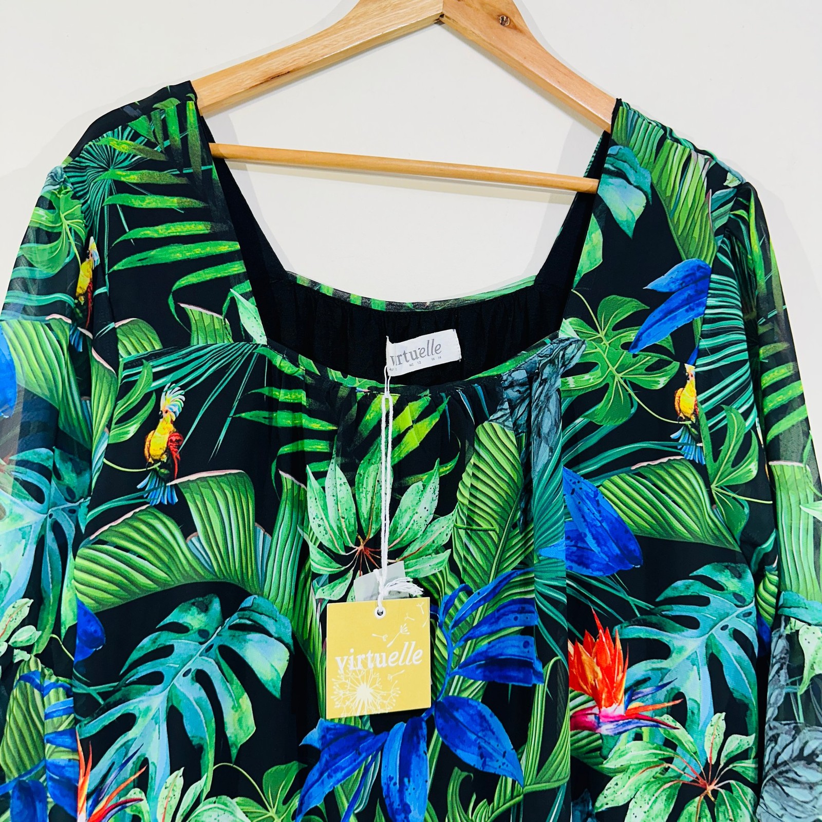 Virtuelle Blouse Top 14 Black Green Blue Birds Tropical Print Bell Sleeve Ruffle