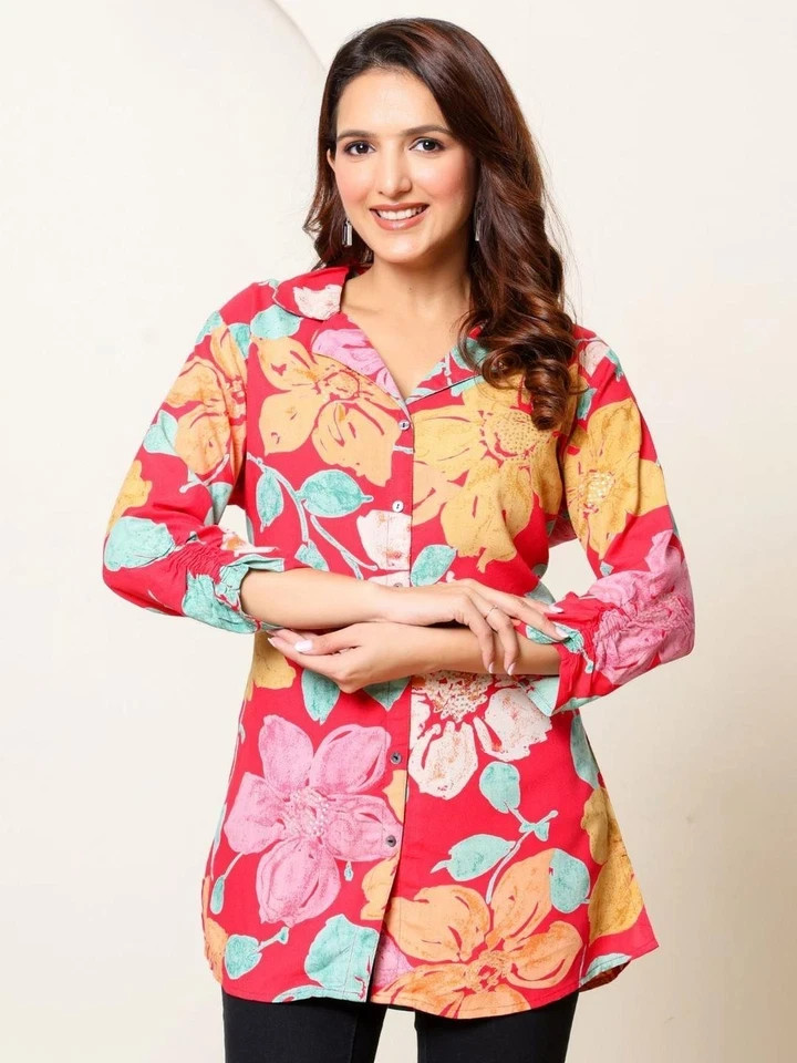 Indian Women Rayon Pink Floral Printed Top Tunic Shirt Collar Kurta Kurti Dress