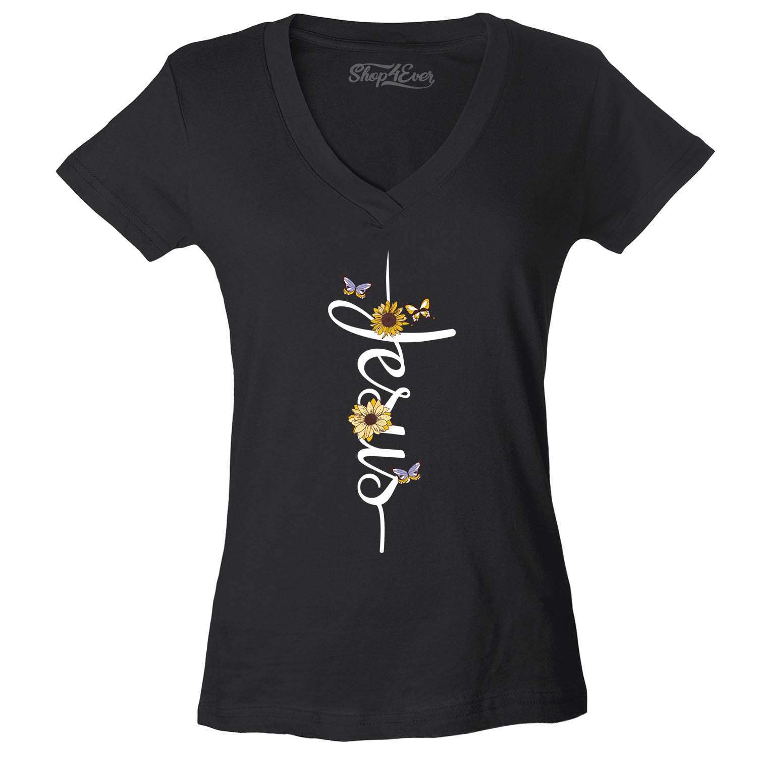 Jesus Script Cross Flowers and Butterflies Women’s V-Neck T-shirt Religious Tee