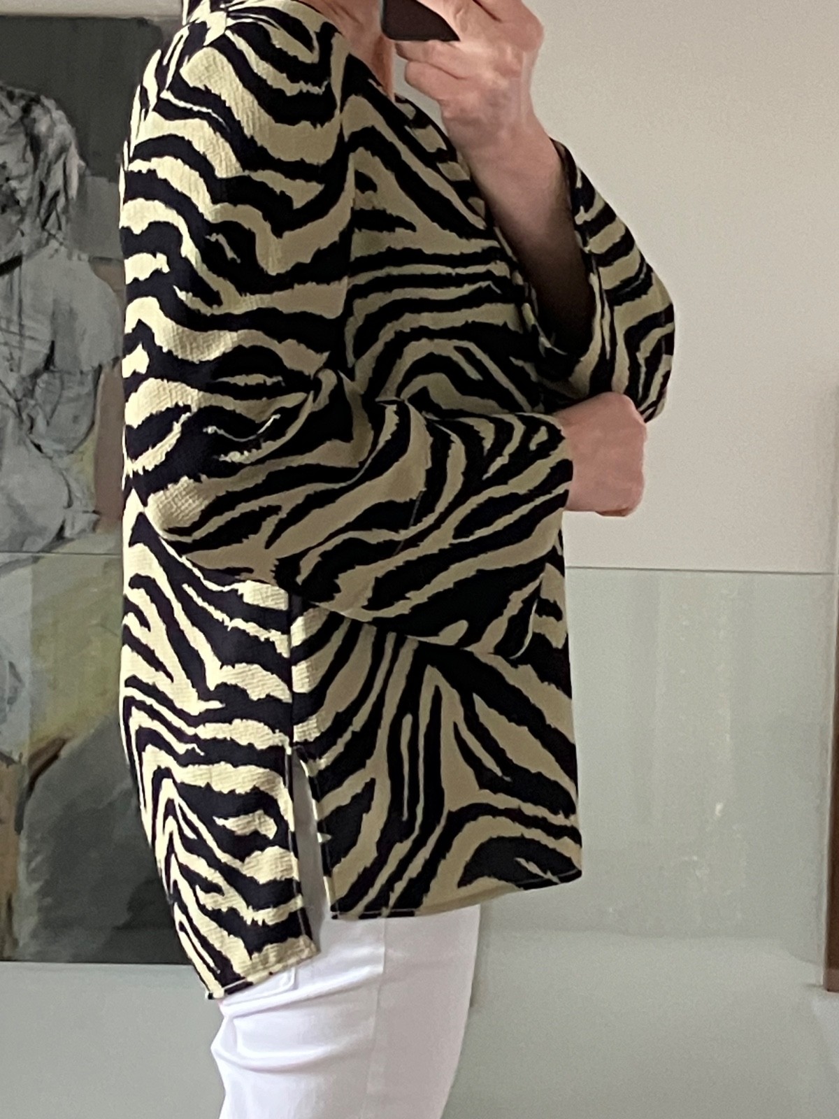 Jigsaw ‘Ikat’ Zebra Print Tunic/Top Black/Khaki Size UK 10