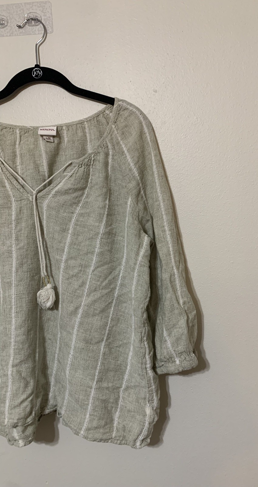 Merona Light Olive Green Cream Tassel Balloon Sleeve Peasant Top Women’s Large