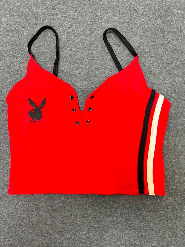 Vintage PLAYBOY Red Crop Top Size M 6 Bunny Logo Lace Up Spaghetti Straps
