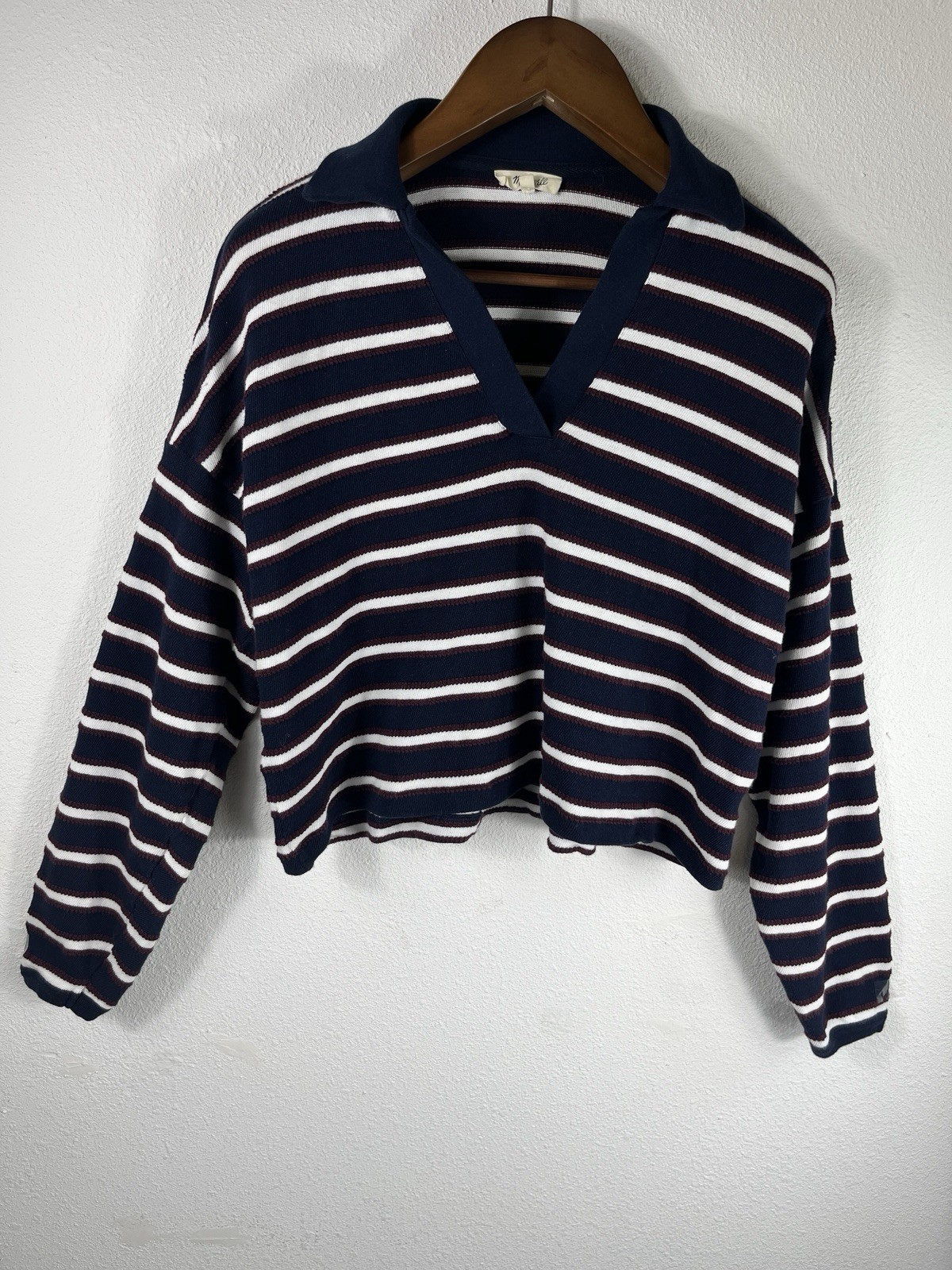 Madewell Relaxed Polo 100% Cotton Large Navy White Stripe Long Sleeve Pullover
