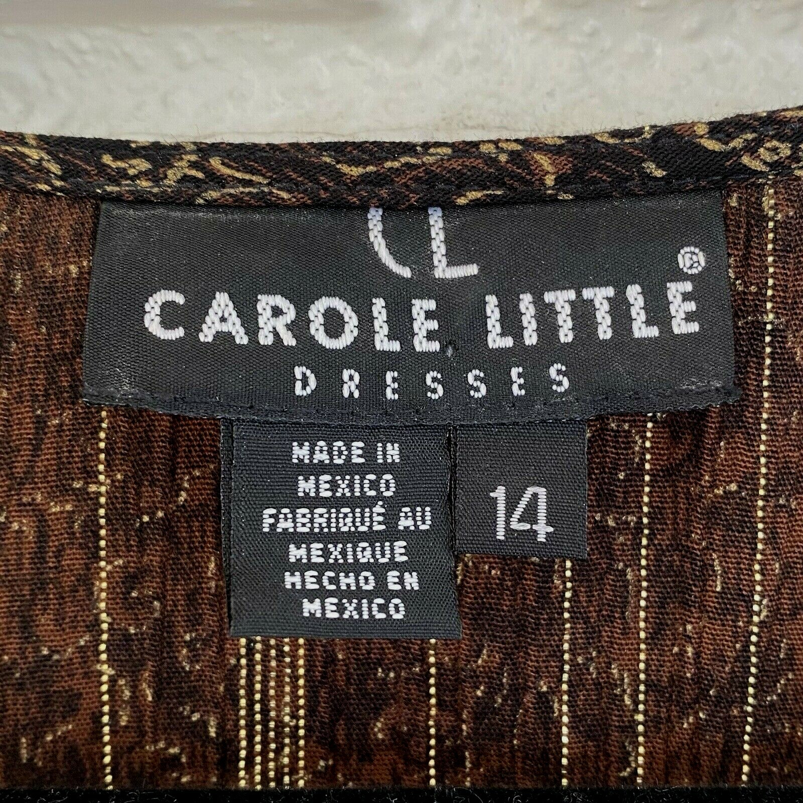 CAROLE LITTLE CL Jacket Top Tunic Size 14 Brown Black Gold Thread Rayon Vtg