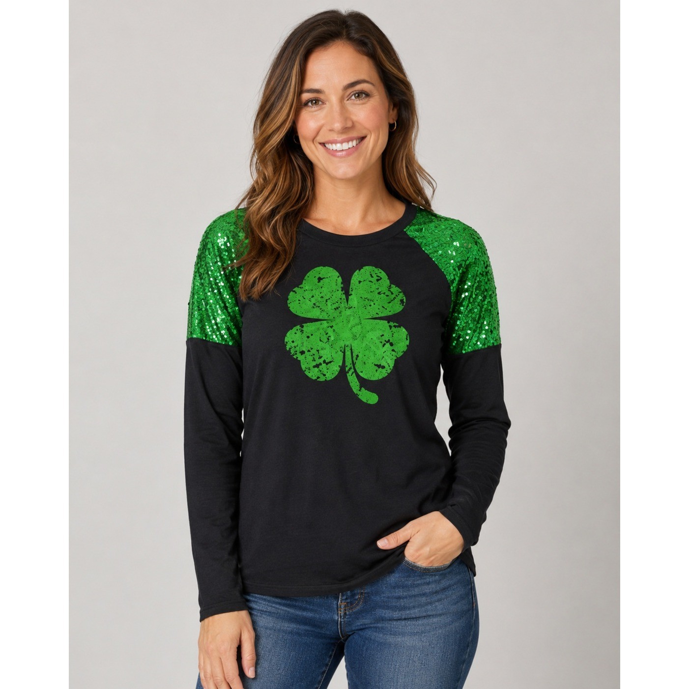 Unbranded St Patricks Day Top Women Medium Black Green Sequin Shamrock Raglan