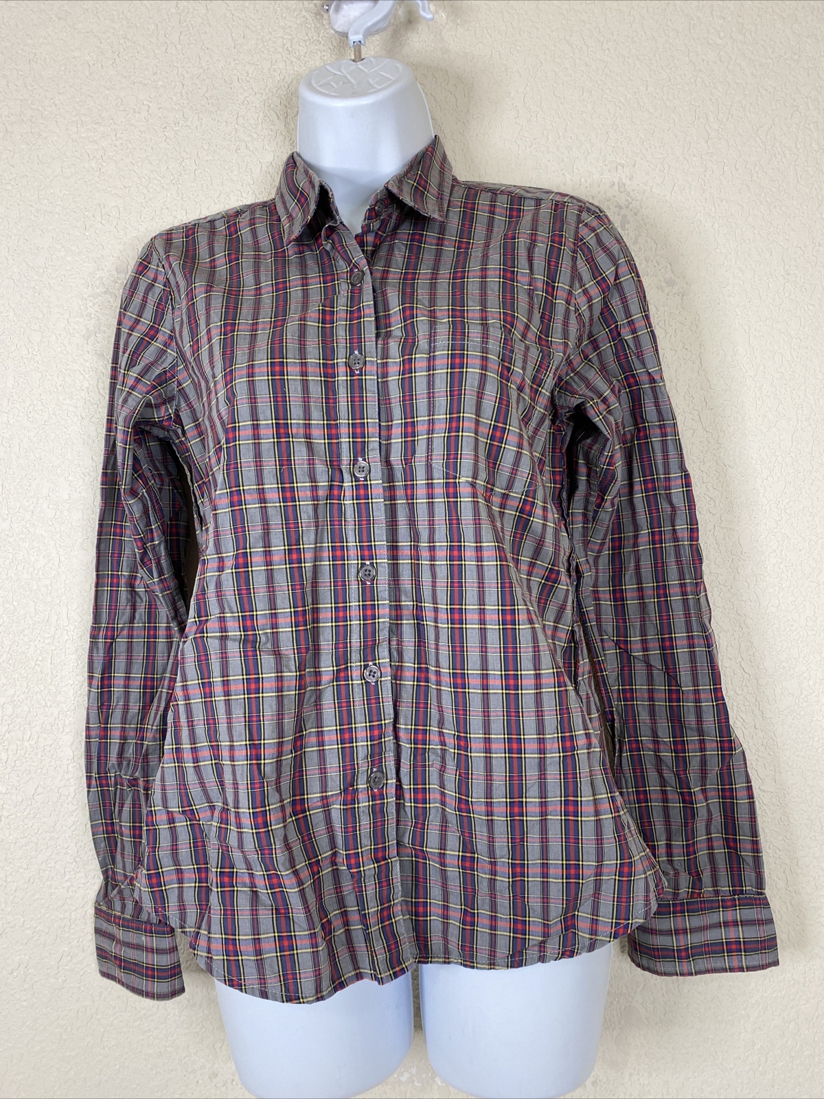 Steven Allen Womens Size S Gray/Pink Plaid Pocket Button Up Shirt Long Sleeve