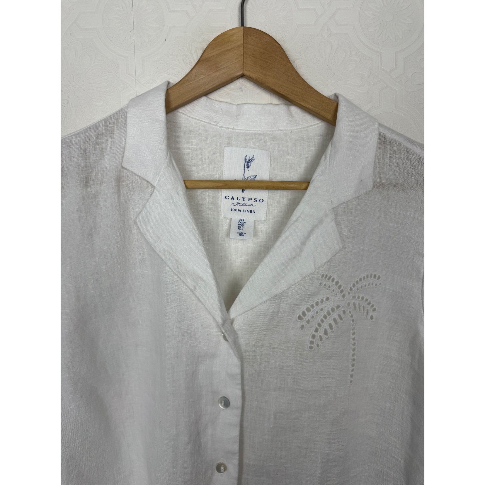 Calypso St Barth White 100% Linen Palm Tree Eyelet Button Down Shirt Small