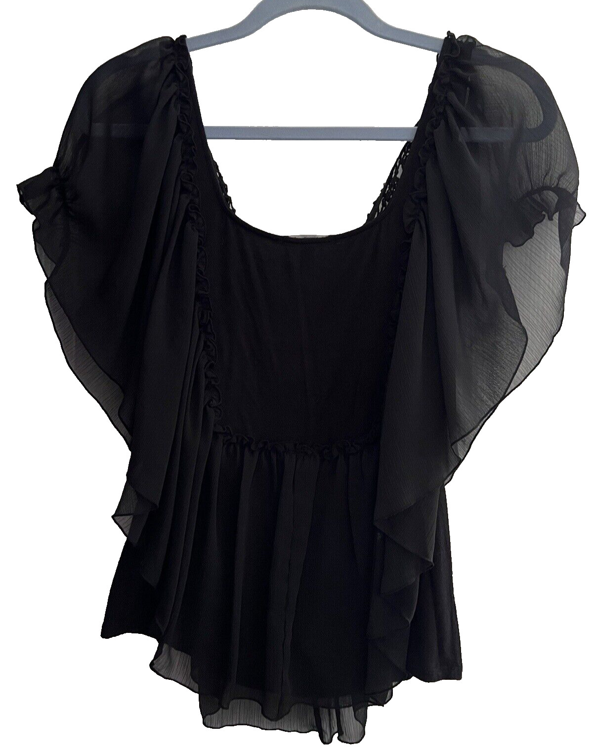 Black Crochet Neck Flowy Blouse Top Shirt Size Medium V-Neck Made In Korea