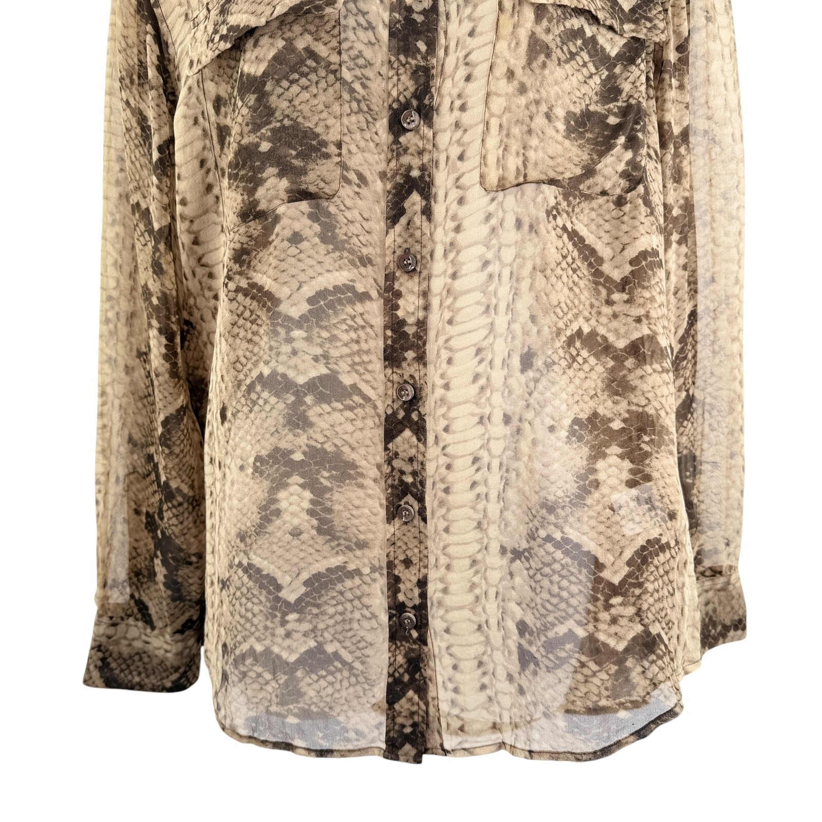 Equipment Womens Snake Print Silk Button Up Shirt Brown Tan Size Medium Sheer
