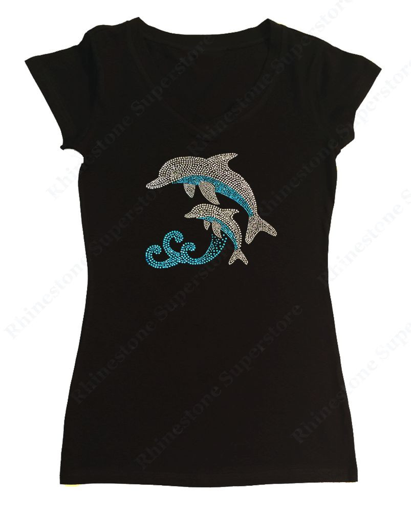 Womens Rhinestone T-shirt ” Dolphins ” in S, M, L, 1X, 2X, 3X , Ocean