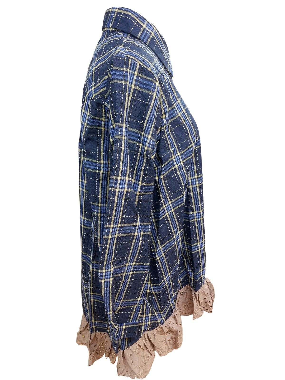 Paisley Vine Women Plaid Long Sleeve Large Eyelet Ruffle Lace Trim Navy Tan New
