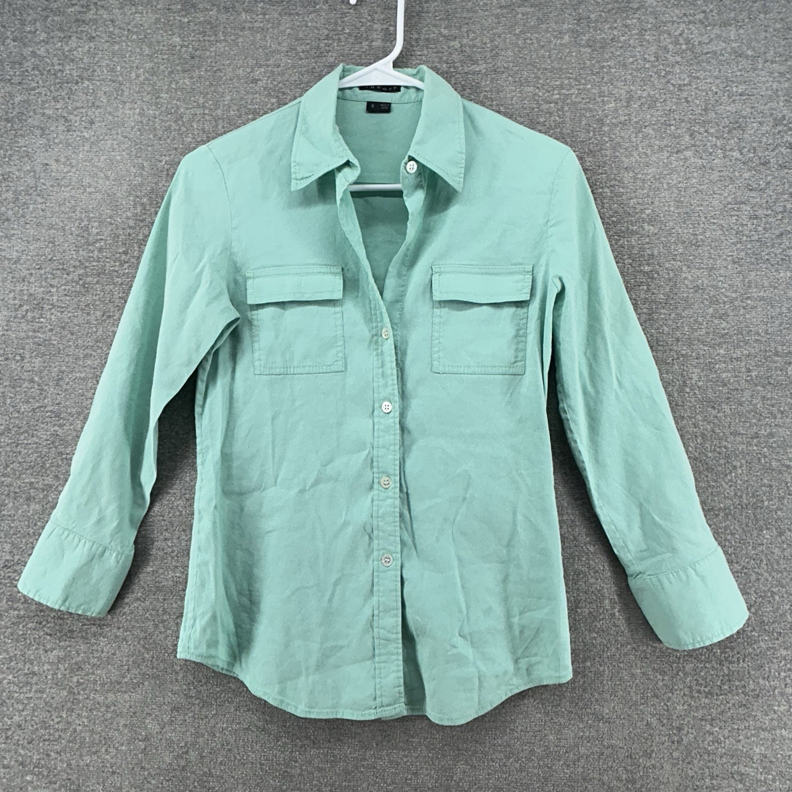 Theory Blouse Shirt Women Size Small Mint Green Button Up Casual Linen Blend