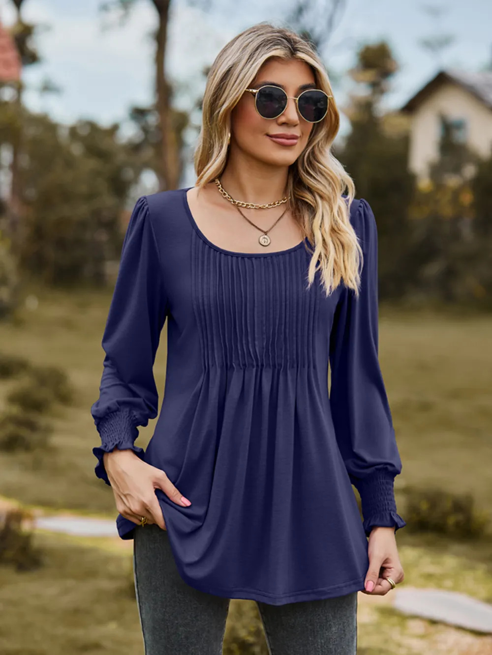 Women’s Puff Sleeve Pleated Blouse Rayon Spandex Casual Top Navy Black