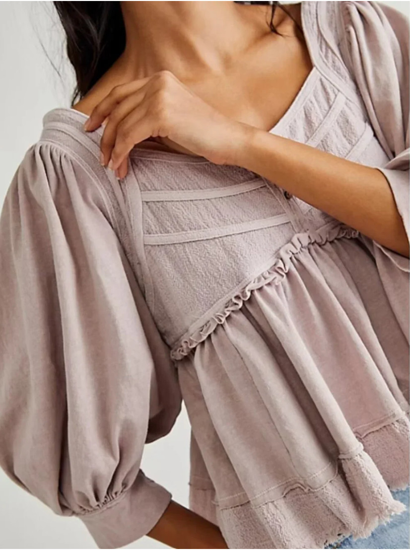 Free People We The Free Shelly Top Distressed Size XL Puff Sleeve Babydoll