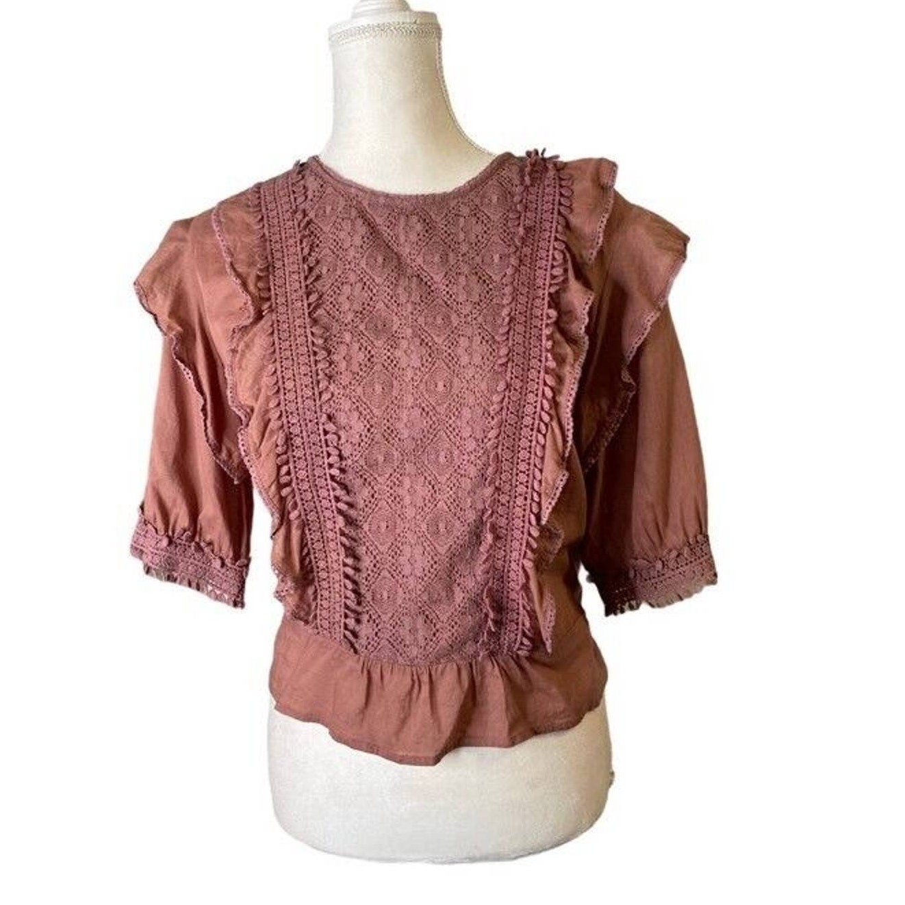 Love Sam Lace & Ruffle Trimmed Scoop Neck top pink rosewood sz medium