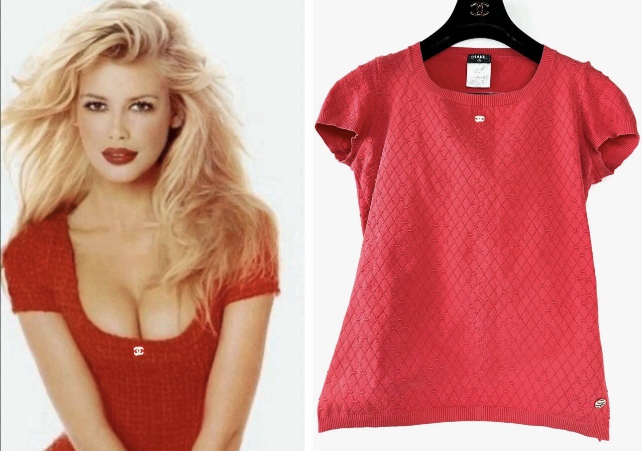 3K Chanel 2014 Barbie Red Sweater Top 36 38 40 4 6 8 T-Shirt White CC Logo S M