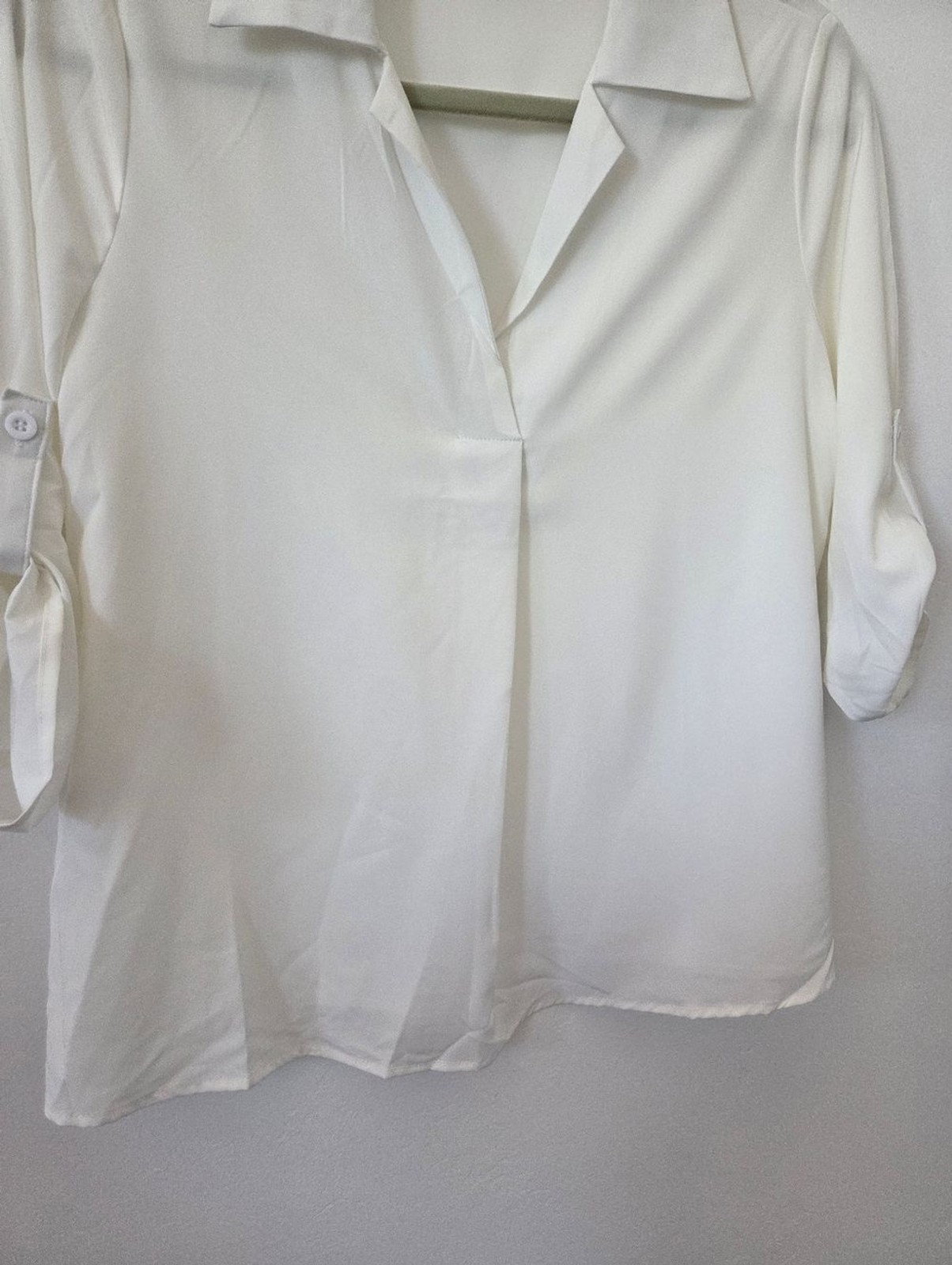 White Blouse Top ¾ Sleeve Roll Tab V Neckline Minimalist Breezy Summer Neutral S